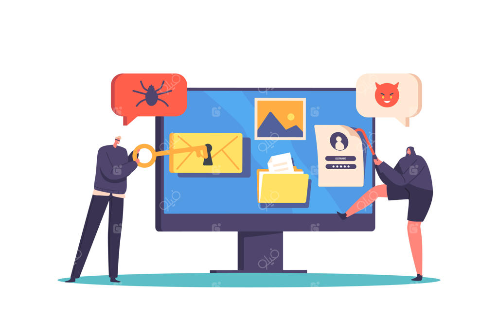 هکرهای کوچک: شخصیت‌های مرد در حال دستبرد به کامپیوتر بزرگ با کلید جعلی و دیلم، فیشینگ اینترنتی با تقلب اینترنتی