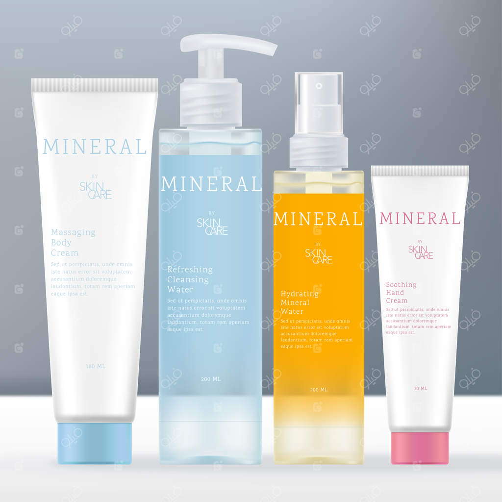 مجموعه بسته‌بندی مراقبت از پوست و سلامت با طراحی گرادیان جذاب، شامل تیوپ پلاستیکی شفاف و بطری اسپری بدن