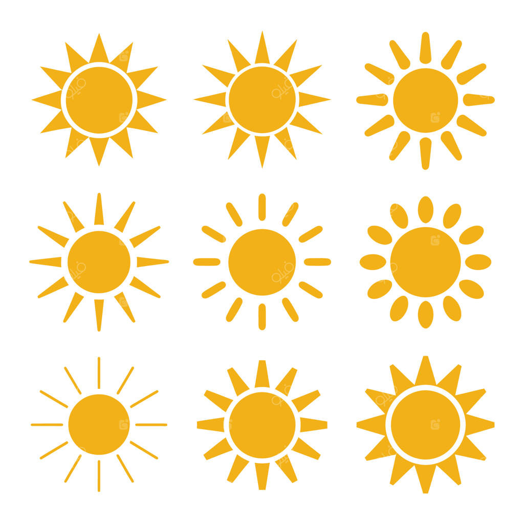 مجموعه آیکون‌های خورشید زرد، طرح‌های تابش و پرتو نور و نمادهای غروب