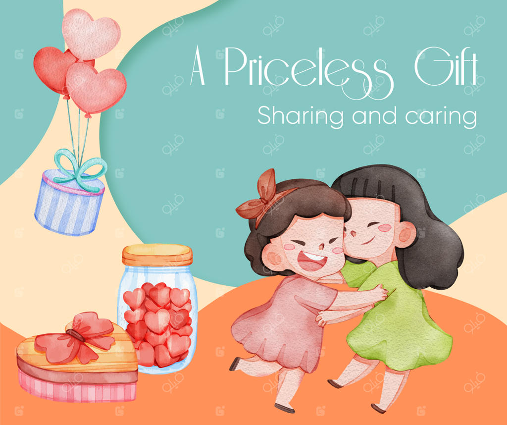 الگوی پست فیس‌بوک با مفهوم آغوش عاشقانه دختر بچه به سبک آبرنگی