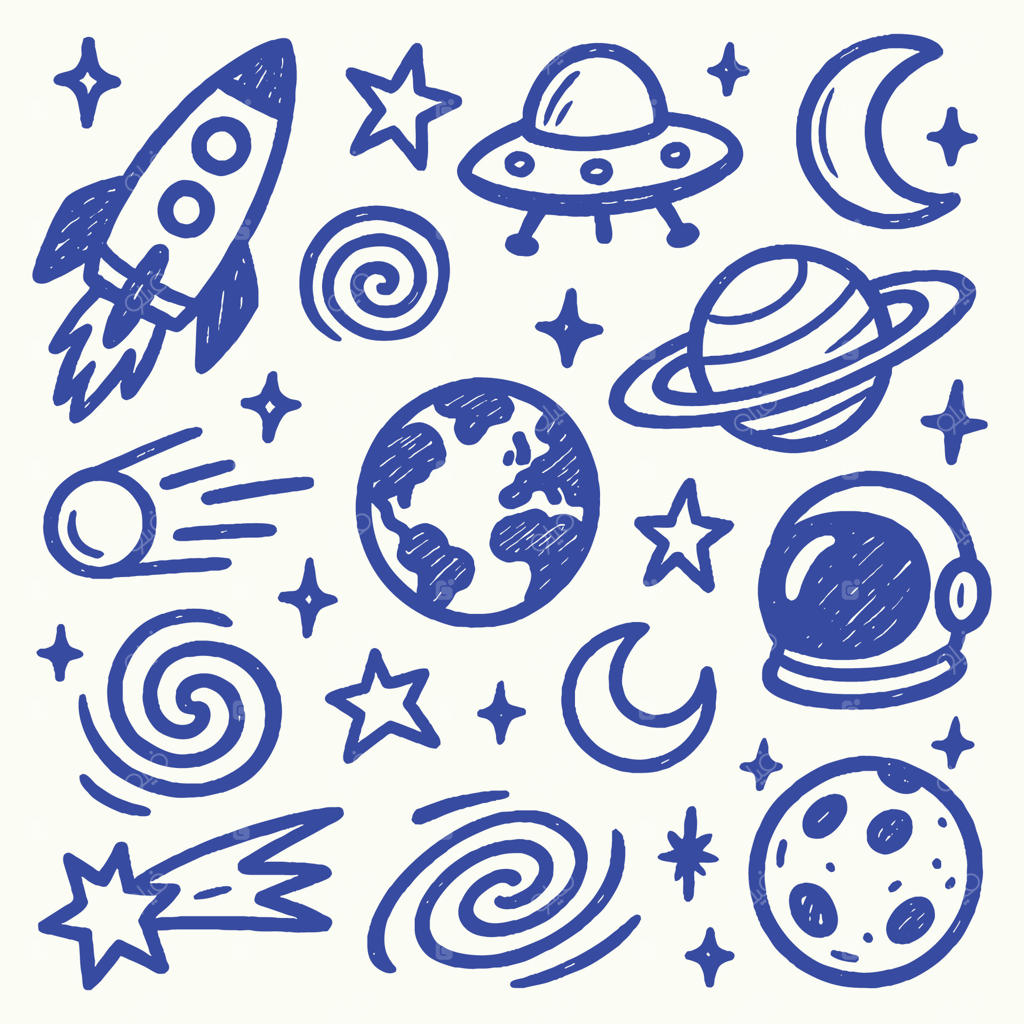 مجموعه فضایی دست‌کشیده: طرح‌های بامزه موشک، بشقاب‌پرنده، سیارات، ستارگان، ماه و فضانورد