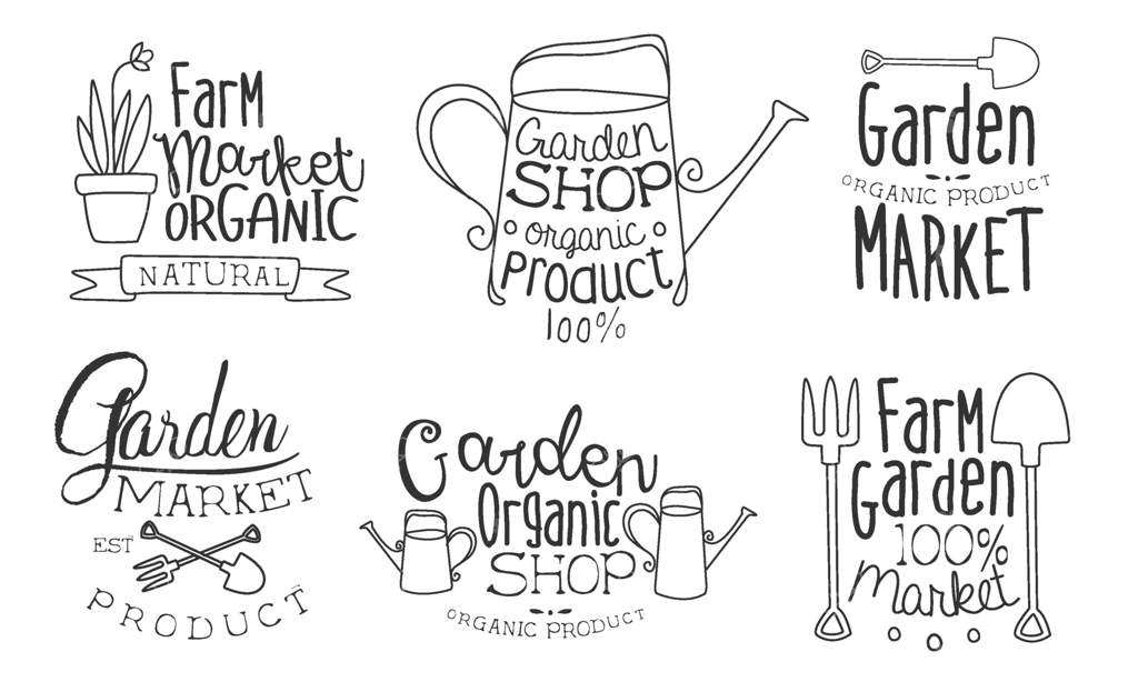 ست فروشگاه باغ و محصولات ارگانیک با نشان‌های دست‌کشیده، تصویرسازی تک‌رنگ بازار ارگانیک مزرعه