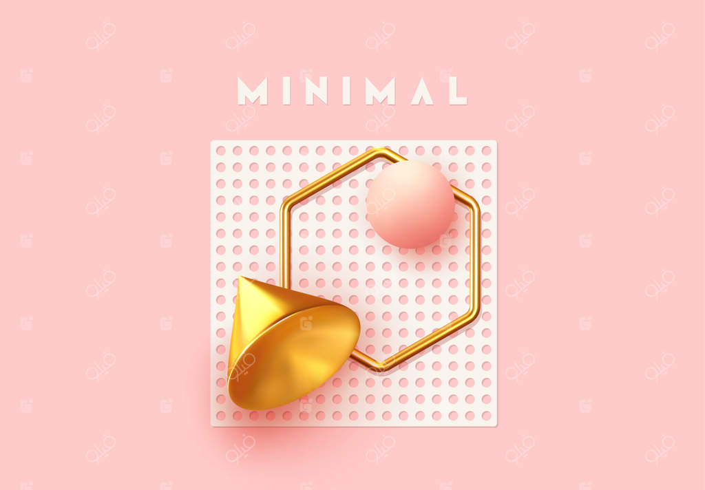 پس‌زمینه خلاقانه و انتزاعی مینیمال: ترکیب‌بندی با اشیاء سه‌بعدی واقعی و اشکال هندسی. بنر مدرن و پوستر وب با رنگ‌های ملایم صورتی و مرجانی. تصویرسازی وکتور.