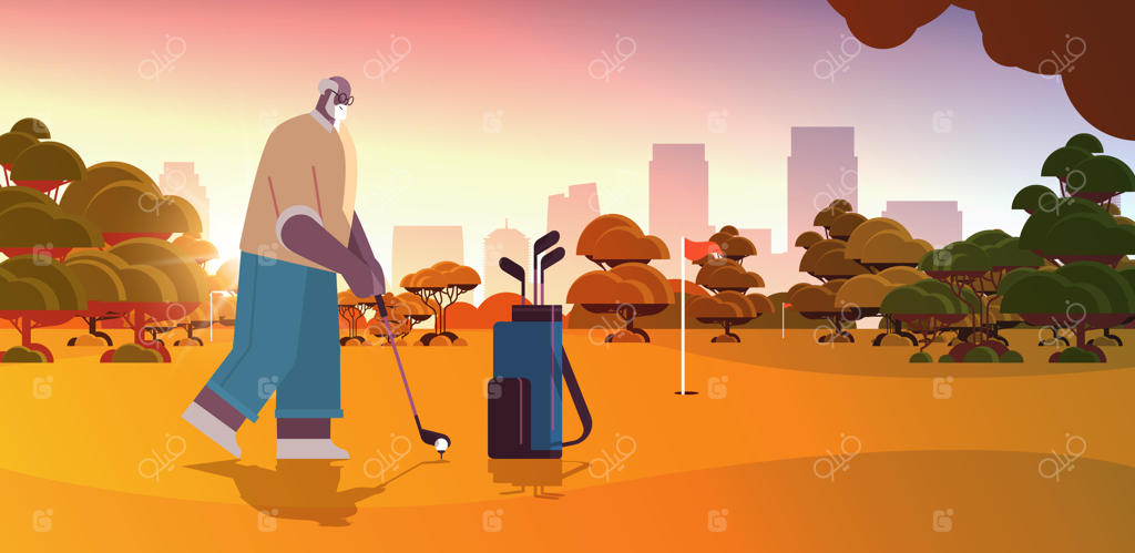 مرد سالمند گلف باز در زمین سبز گلف - بازیکن آفریقایی-آمریکایی مسن در حال حرکت - مفهوم فعالیت در دوران پیری، چشم‌انداز غروب آفتاب، تصویر وکتور، منظر افقی کامل