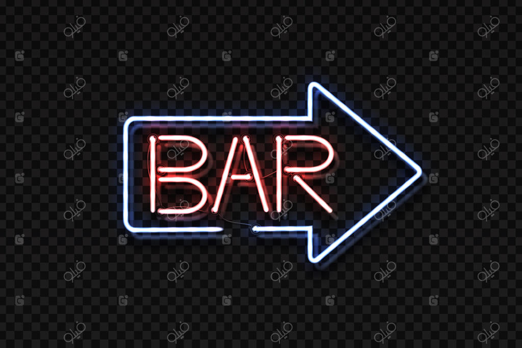 تابلو نئون واقعی و ایزوله با نوشته بار و فلش