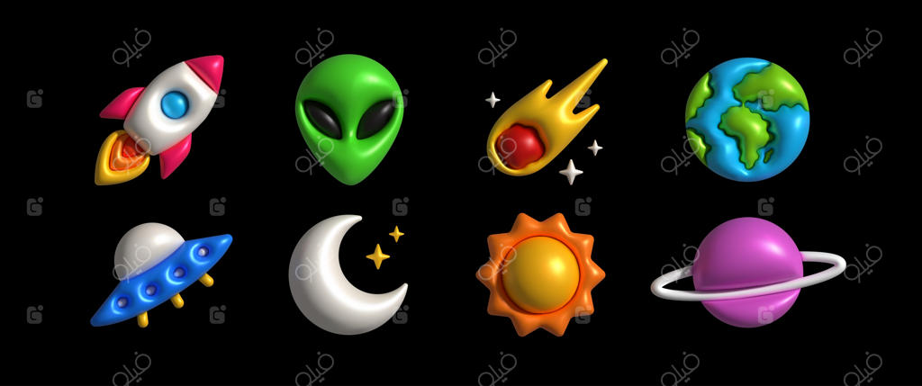 راکت بادی: طراحی‌های سه‌بعدی با افکت خمیری شامل اشکال راکت فضایی، بیگانه، شهاب‌سنگ، سیاره، سفینه، ماه، خورشید و زحل - تصویرسازی وکتور