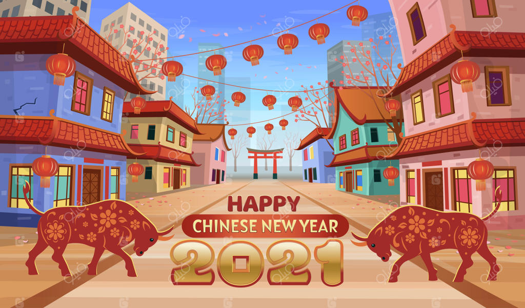 سال گاو: نمای پانوراما از خیابان چینی با نماد زودیاک چینی سال گاو، خانه‌ها، دروازه چینی، فانوس‌ها و تزئینات در شب. تصویرسازی از خیابان شهری.