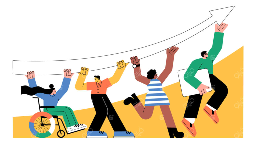 تیم‌ورک و پیشرفت: افراد در حال نگه‌داشتن فلش صعودی