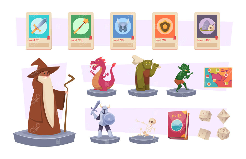 نمادهای بازی: تاس برای بازیکنان نقش‌آفرینی | نمادهای ماجراجویی با آیکون‌های کارتونی | مجموعه تصاویر فانتزی و وکتور دقیق