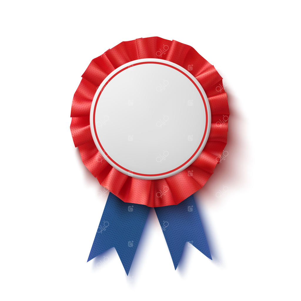 نشان خام: برچسب واقع‌گرایانه آبی و قرمز با روبان.