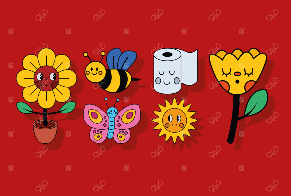 شش آیکون کارتونی با سبک رترو