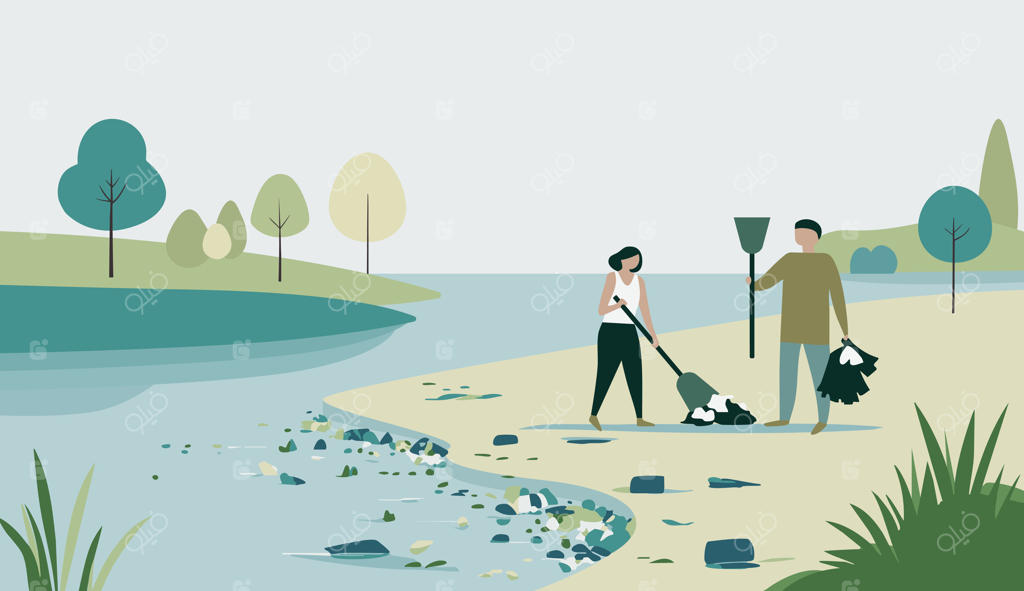 مردم زباله‌ها را جمع‌آوری کرده و رودخانه را از آلودگی پاک می‌کنند. تصویرسازی محیط زیست به سبک ساده. مراقبت از محیط زیست