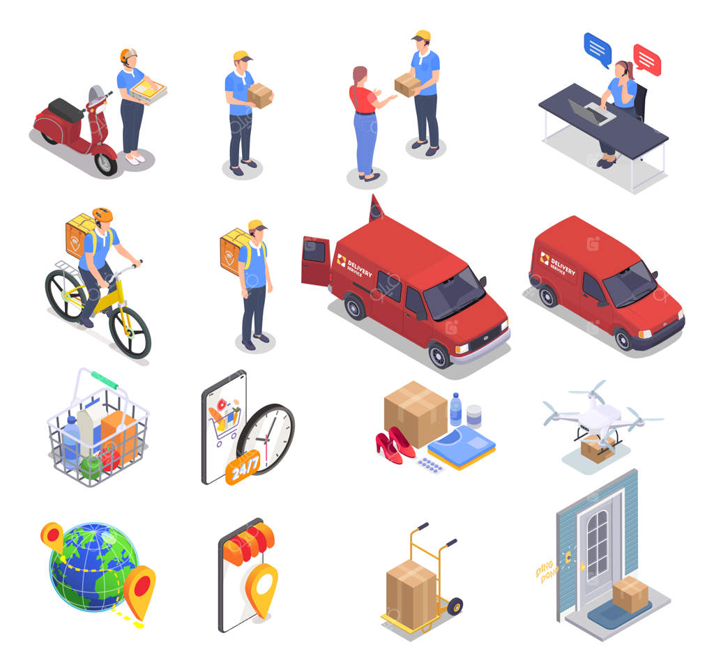 آیکون ایزومتریک خدمات تحویل با پیک مرد و جعبه مقوایی - تصویرسازی سه‌بعدی برداری