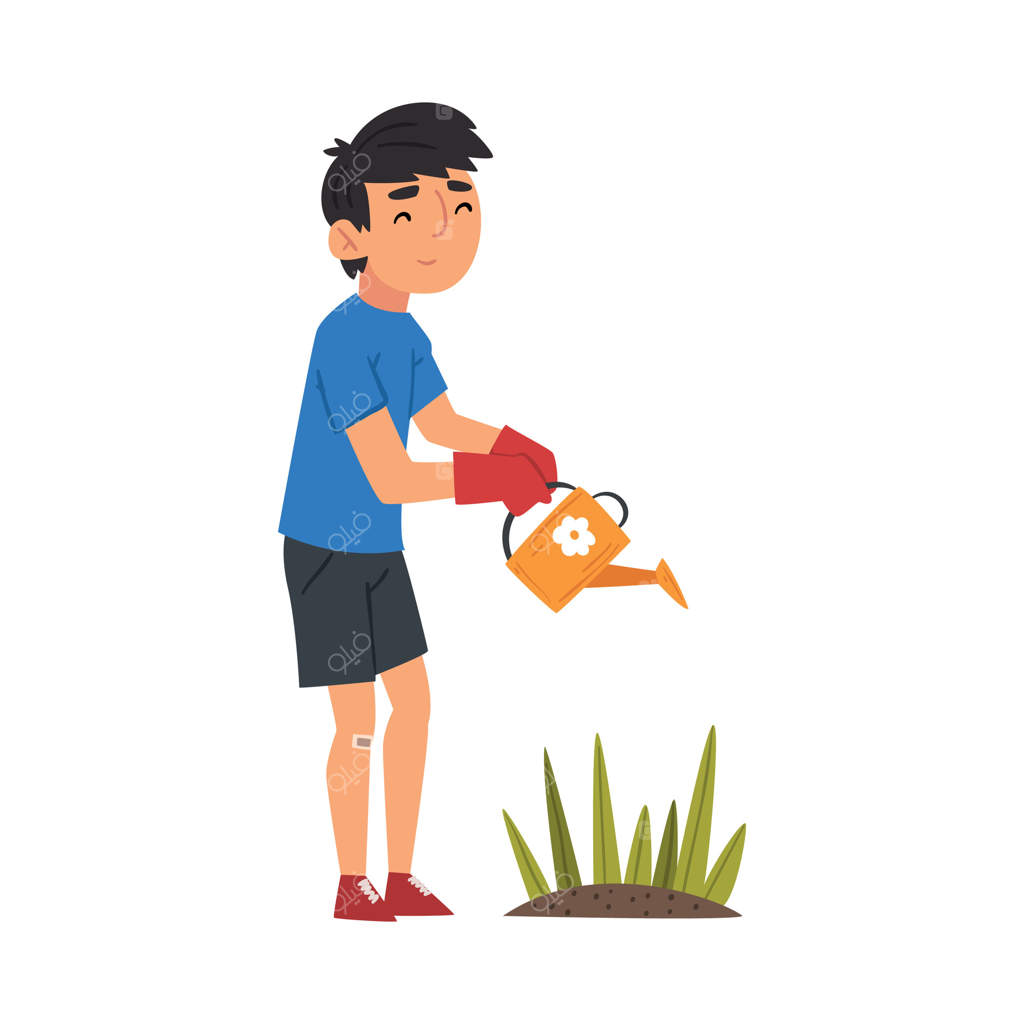 پسر با دستکش به گیاهان آب می‌دهد؛ تصویر کودکی که در باغ یا مزرعه کار می‌کند