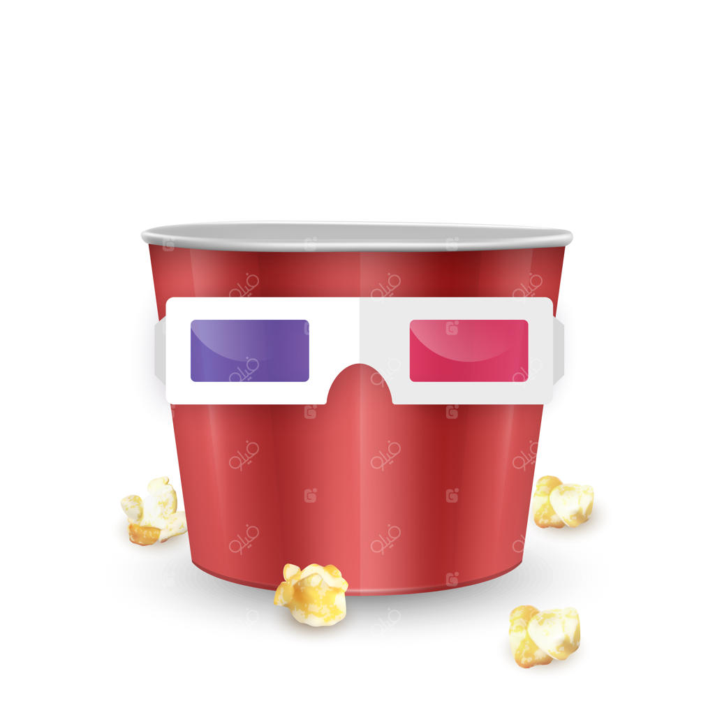 سطل خالی پاپ‌کورن و عینک‌ها بر روی زمینه سفید، تصویر واقع‌گرایانه