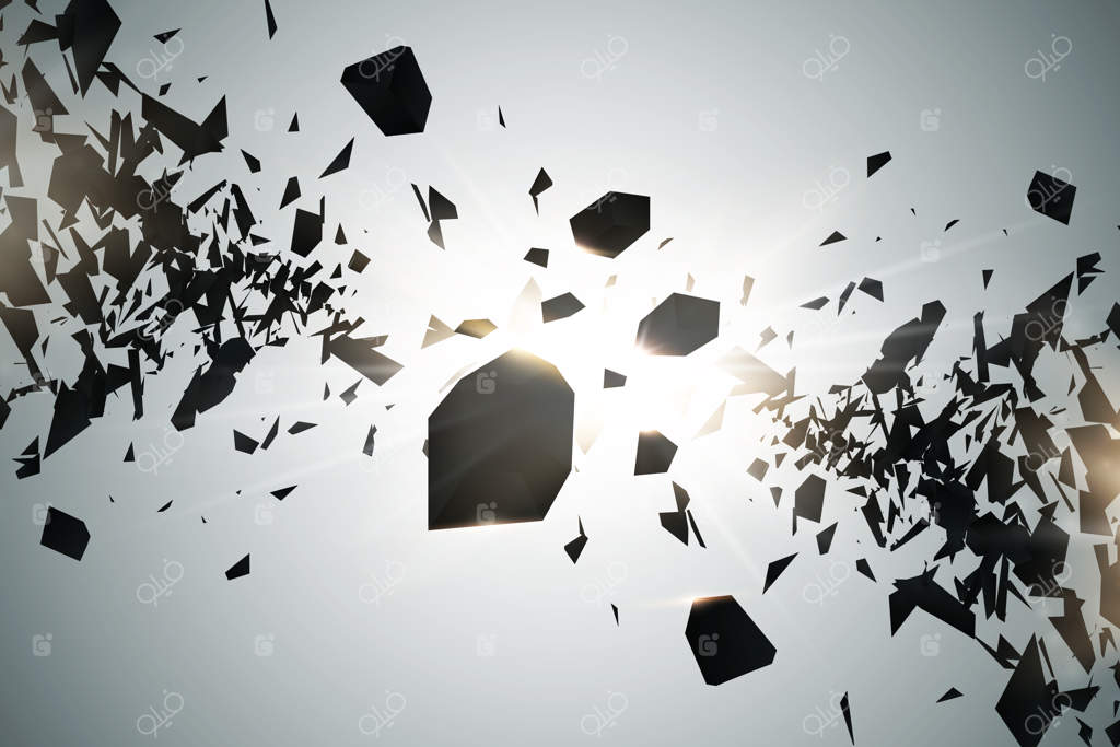 انفجار قدرتمند: ذرات سیاه بر زمینه‌ای تاریک. ابر انفجاری از قطعات سیاه با نورهای درخشان. انتزاعی