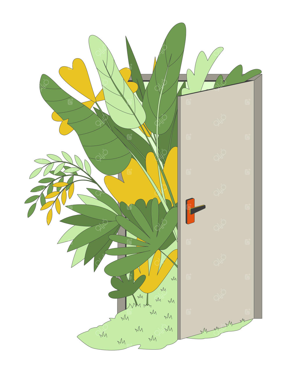 آینده‌ی پایداری محیط‌زیست: تصویرسازی کارتونی و جذاب. ورود به باغ سبز از طریق درب باز. نمای ورودی با برگ‌های سرسبز گرمسیری. صحنه‌ای دو بعدی بر روی زمینه سفید و تصویر رنگارنگ.