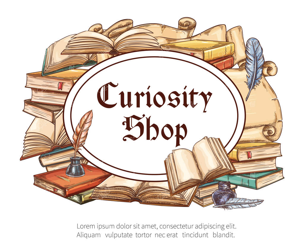 پوستر کتابفروشی عتیقه با کتاب و قلم پردار