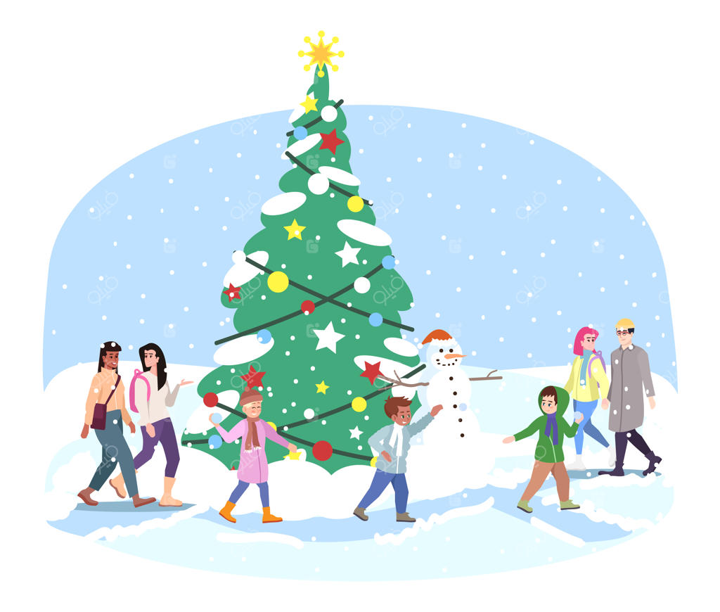 درخت کریسمس شهری: سرگرمی‌های زمستانی برای کودکان و بزرگسالان کنار درخت صنوبر. تزئینات فضای باز جشن سال نو