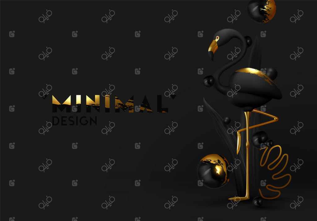 فلامینگوهای طلایی و سیاه: طراحی لوکس و مینیمال. پوستر دنیای حیوانات، بنر وب. پس‌زمینه طبیعی با فلامینگوهای سه‌بعدی مشکی و طلایی متالیک. تصویرسازی مدرن.