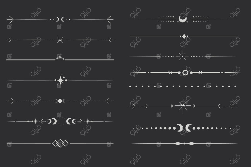 تزئین مرز نازک نقره‌ای آسمانی. مجموعه‌ای از جداکننده‌های قبیله‌ای با ماه، ستاره‌ها و تیرهای مرموز. ست مدرن تزئینی، مینیمال و منحصر به فرد بر روی زمینه تیره