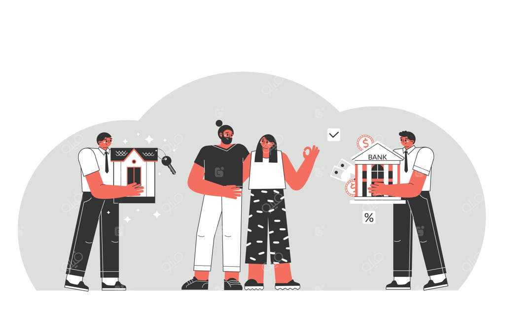 مفهوم وام مسکن: زوج جوان در حال انتخاب وام برای خرید خانه رویایی خود هستند. شخصیت‌ها به فکر دریافت وام از بانک هستند.