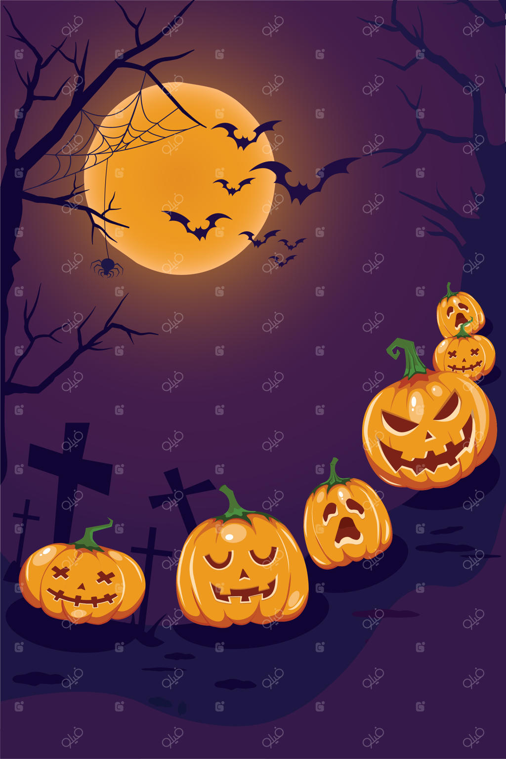 پوستر «هالووین مبارک» با کدو تنبل و درخت زیر نور مهتاب در پس‌زمینه بنفش.