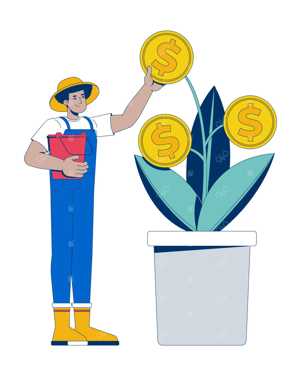 کشاورز لاتین با شخصیت کارتونی و گیاه سکه: پرورش سرمایه‌گذاری مالی. باغبانی در حال مراقبت از پول‌های در حال جوانه زدن در گلدان. تصویرسازی رنگارنگ و جذاب.
