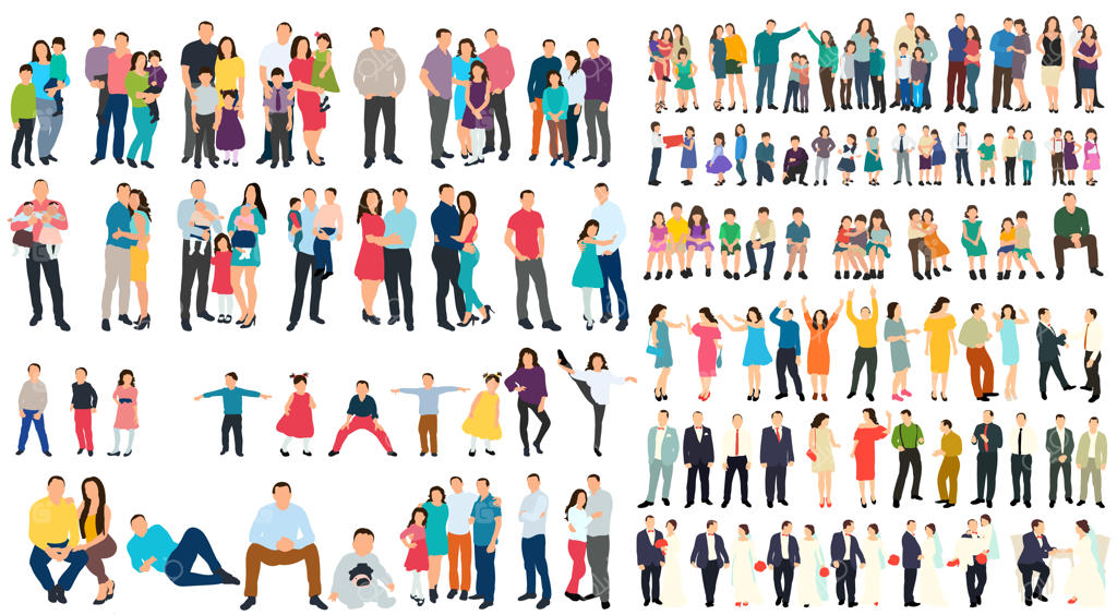 مجموعه کاراکترهای ایزومتریک شامل مردان، خانواده و دختران با طراحی فلت