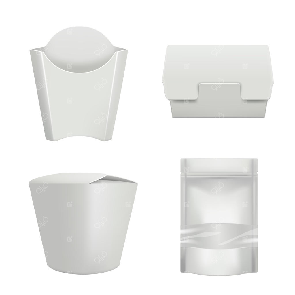 بسته‌بندی برای غذا: ظروف پلاستیکی برای ارسال، فنجان قهوه، کیسه همبرگر یا ساندویچ، جعبه مقوایی