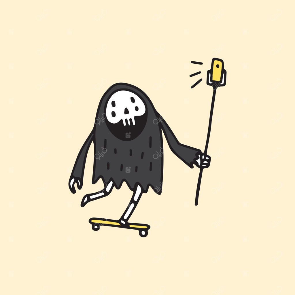 جمجمه مرگ سوار بر اسکیت‌برد و در حال گرفتن سلفی - تصویرسازی برای تی‌شرت، پوستر و برچسب.