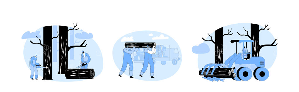 قرار دادن شخصیت‌های کارگران چوب‌بری در لباس‌ کار با تجهیزات و ابزارهای کامیون در جنگل برای قطع درختان