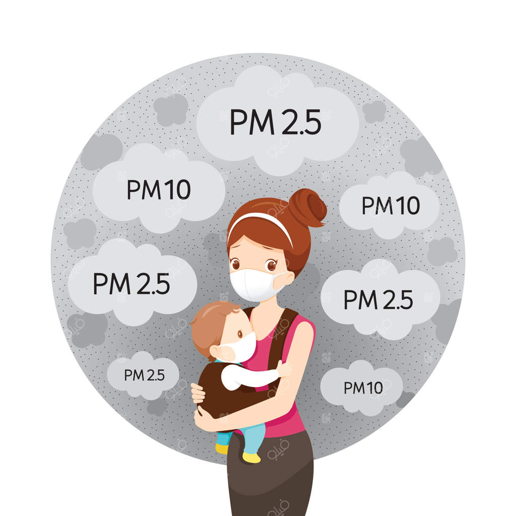 مادر و کودک در حال استفاده از ماسک برای محافظت در برابر آلودگی هوا و گرد و غبار