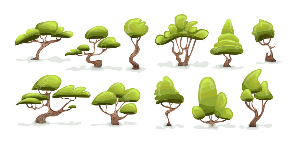 مجموعه درختان سبز. تصویر کارتونی، جدا شده روی پس‌زمینه سفید.