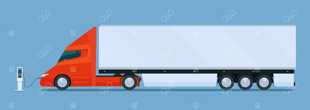 کامیون برقی بزرگ و مدرن با تریلر در حال شارژ.