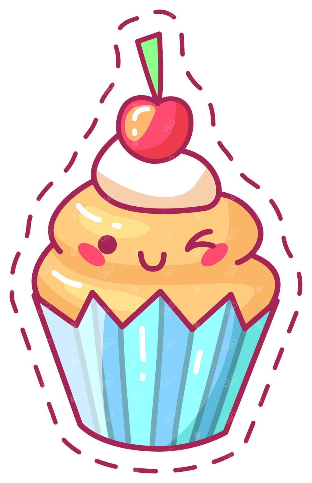 یک کاپ‌کیک کارتونی شاد با گرداب خامه‌ای از فراستینگ و گیلاسی درخشان در بالا. کاغذ رنگارنگ و طراحی بامزه‌ی آن، این تصویر دسر را بسیار جذاب کرده است.