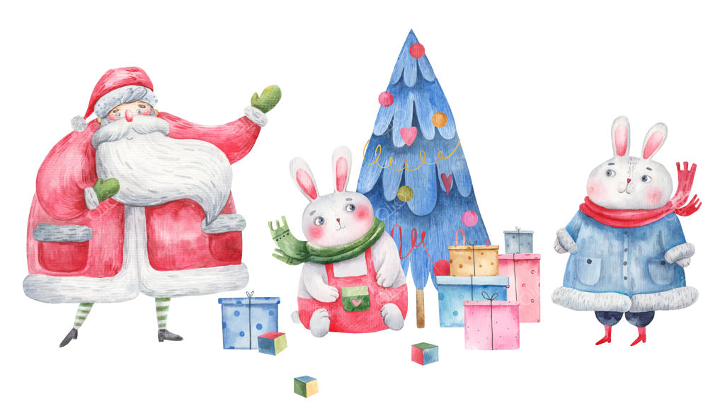 مجموعه‌ای از خرگوش‌ها برای سال نو، با پالتو خز، کنار درخت، تصویرسازی کودکانه.