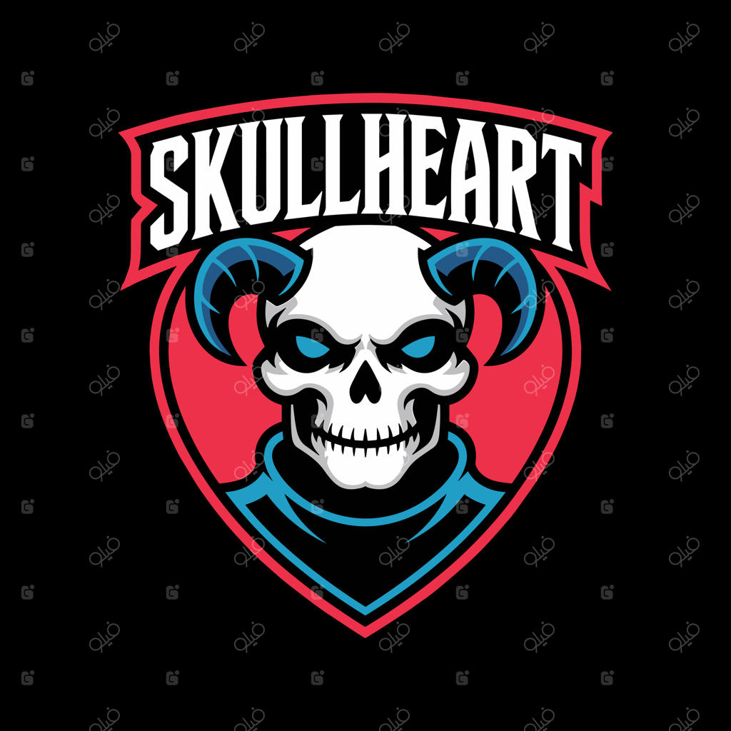 لوگوی ترسناک سامورایی با جمجمه، مزین به کلاه‌خود قرمز و شمشیرهای کاتانا، با چشمان درخشان قرمز، مناسب برای بازی یا تم‌های رزمی