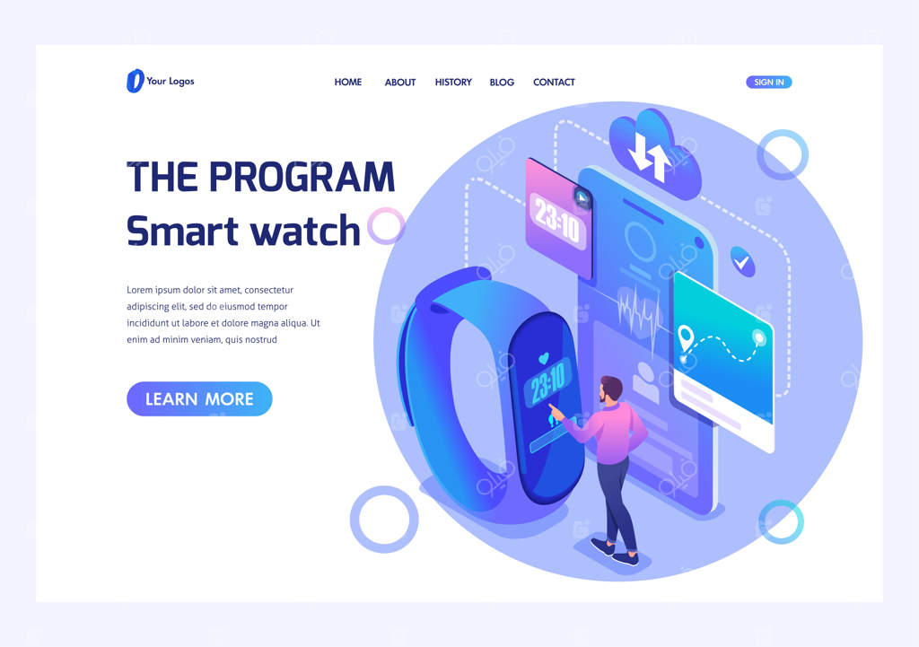 مرد ایزومتریک با استفاده از دستبند ورزشی، برنامه ساعت هوشمند را تنظیم می‌کند. پترن صفحه فرود برای وب‌سایت