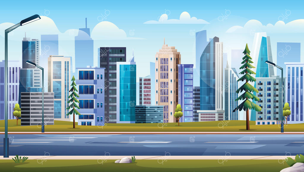 بزرگراه خالی با پارک و ساختمان‌های آسمان‌خراش: تصویرسازی منظره شهری مدرن