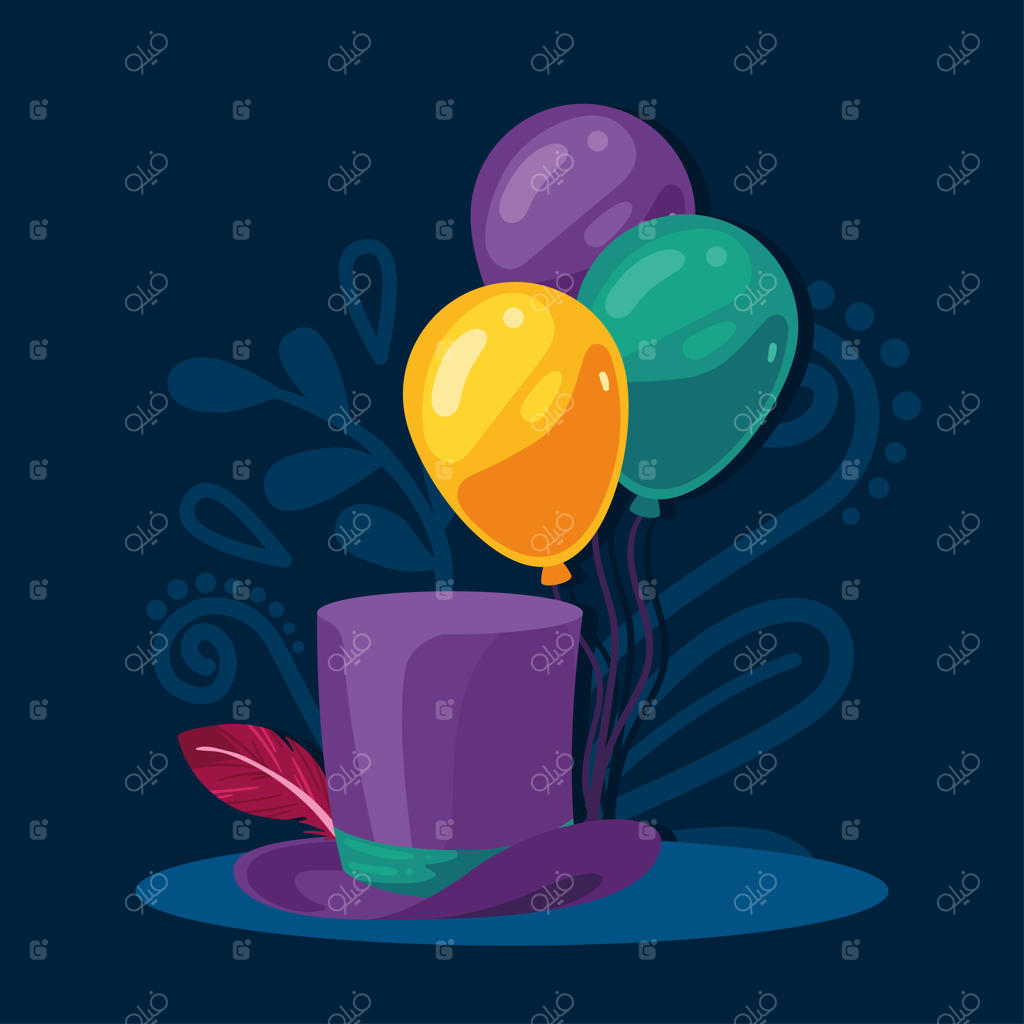 کلاه شاپوی بنفش با بادکنک‌های هلیومی