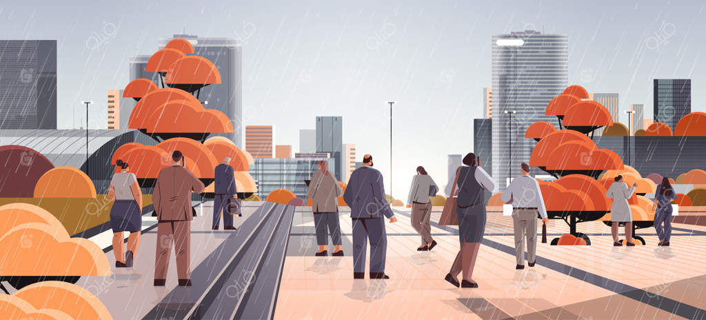 کارمندان افسرده و ناراحت زیر باران، احساس ناامیدی و اضطراب روانی، بیماری‌های ذهنی، بیکاری، و استرس در فضای شهری ایستاده‌اند - تصویرسازی کامل از زندگی مدرن شهری