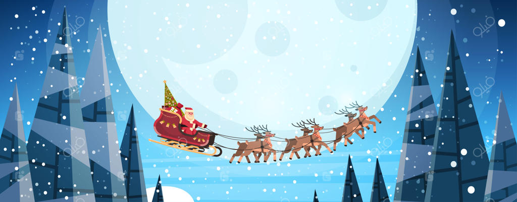 بابا نوئل سوار بر سورتمه در آسمان شب با گوزن‌ها زیر نور ماه در شب کریسمس