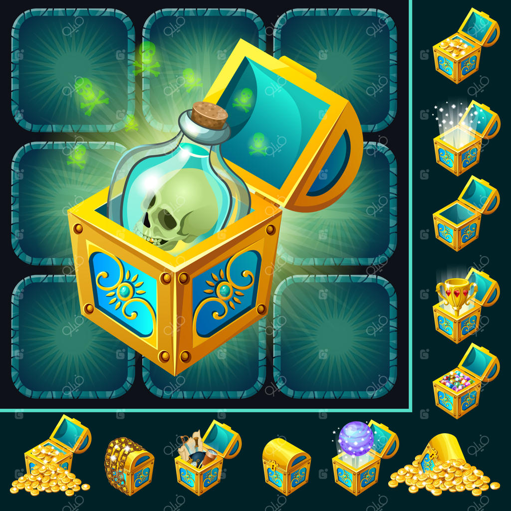 مجموعه‌ای از جعبه‌های چوبی پر از گنج‌ها.