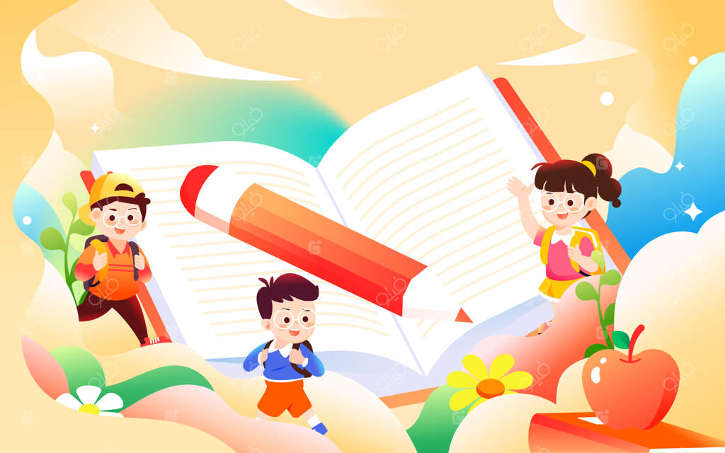 کودکان شاد در حال رفتن به مدرسه با کتاب‌ها و مدادها در پس‌زمینه، تصویر وکتور