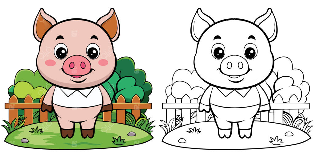 صفحات رنگ‌آمیزی بچه خوک دوست‌داشتنی برای کودکان - قابل چاپ. بچه خوک صورتی در باغ، طرح کارتونی حیوانات.