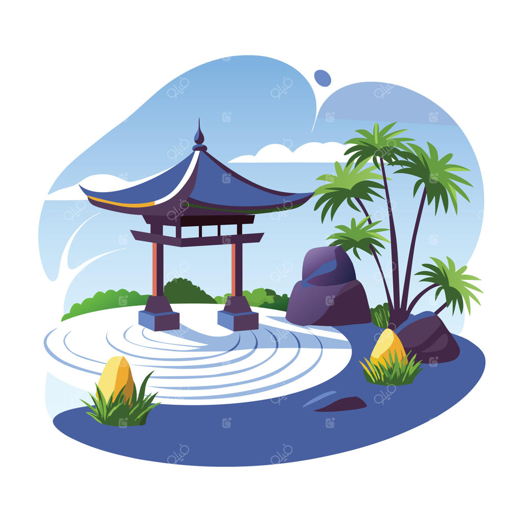 تصویرسازی ساده از یک باغ ژاپنی آرام با نمایی از پاگودای سنتی