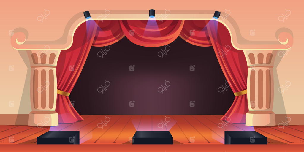 اجرای نمایش تئاتر با پرده قرمز شیک و کفپوش چوبی برای نمایش کمدی و اجرای موسیقی