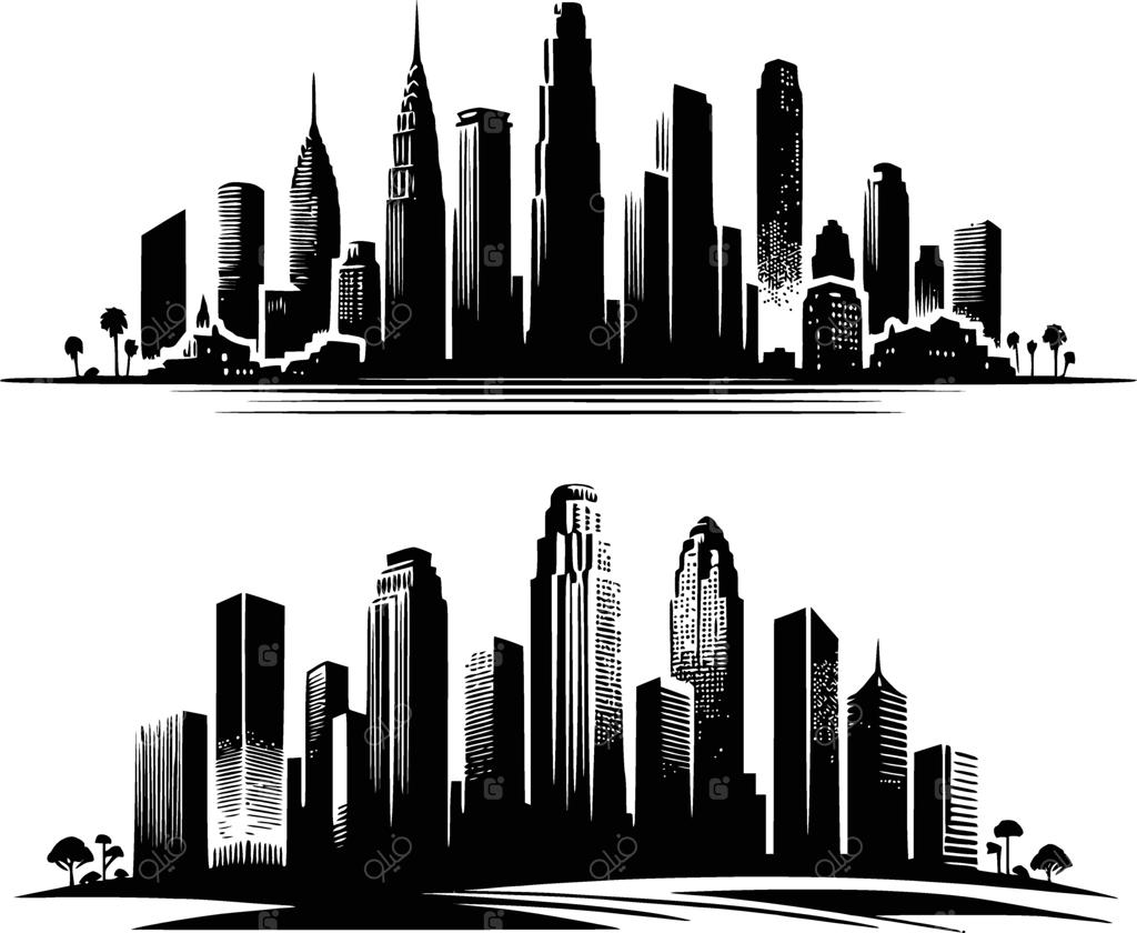 نمای شهر سیاه و سفید با درختان