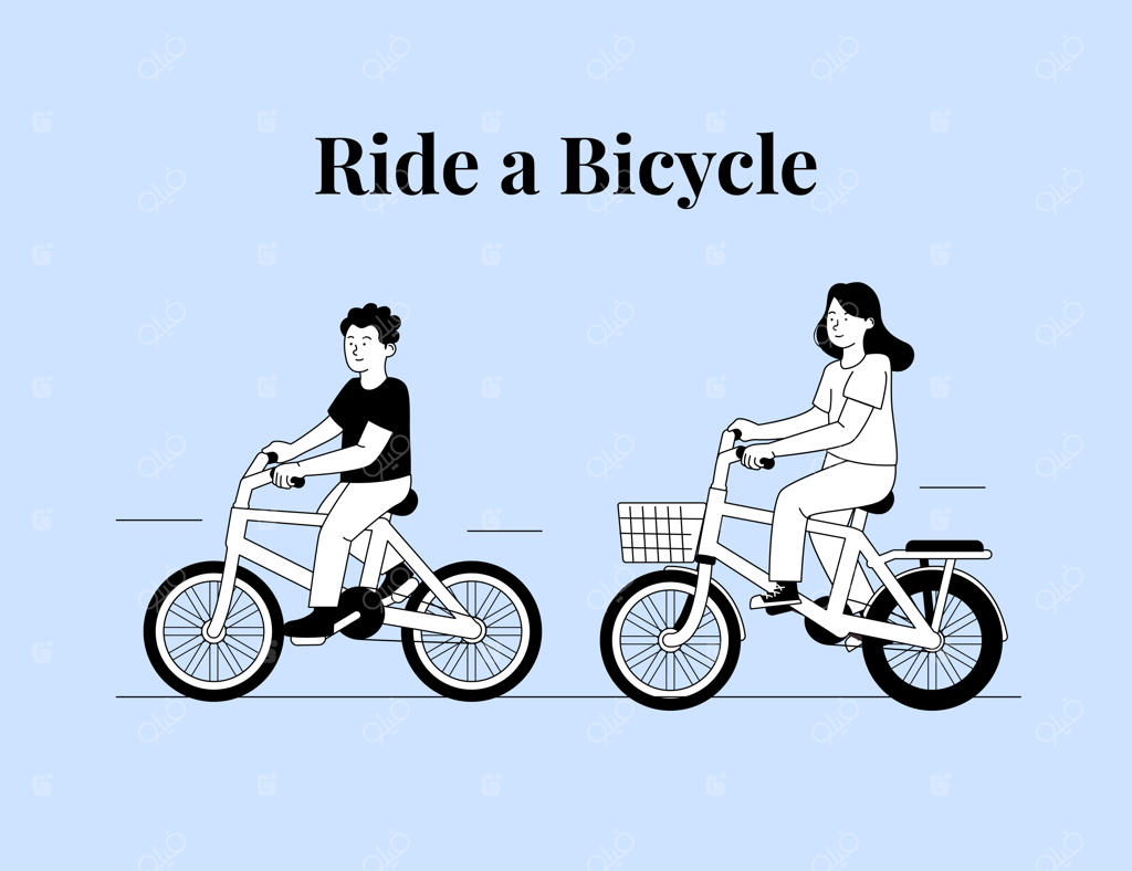 دو کودک شاد در حال دوچرخه‌سواری در یک تصویر ساده و خطی